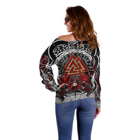 Viking Berserker and Valknut Norse Mythology Off Shoulder Sweater Red and Black Celtic Knotwork Art