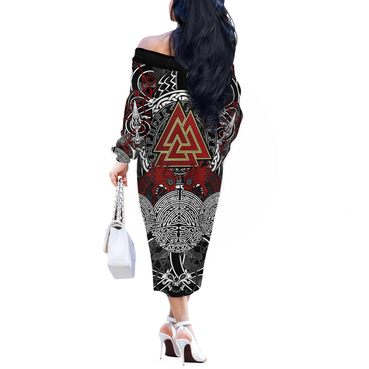 Viking Berserker and Valknut Norse Mythology Off The Shoulder Long Sleeve Dress Red and Black Celtic Knotwork Art