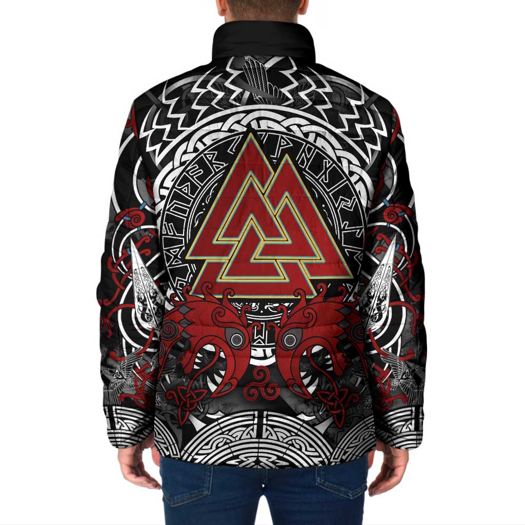 Viking Berserker and Valknut Norse Mythology Padded Jacket Red and Black Celtic Knotwork Art