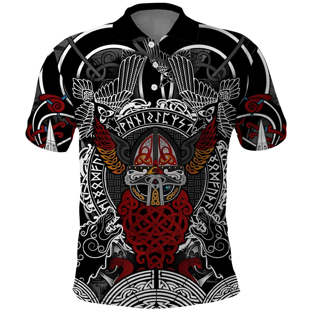Viking Berserker and Valknut Norse Mythology Polo Shirt Red and Black Celtic Knotwork Art