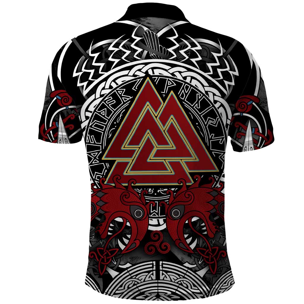 Viking Berserker and Valknut Norse Mythology Polo Shirt Red and Black Celtic Knotwork Art