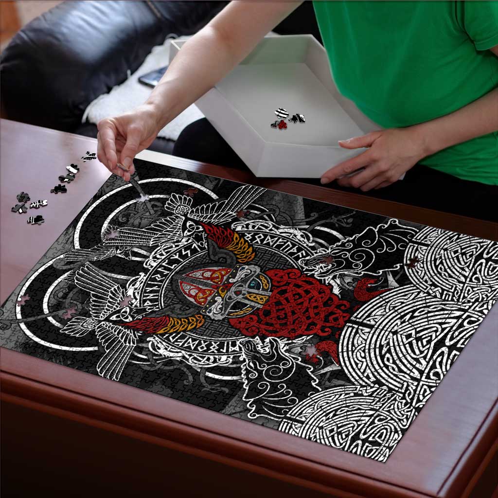 Viking Berserker and Valknut Norse Mythology Puzzle Red and Black Celtic Knotwork Art