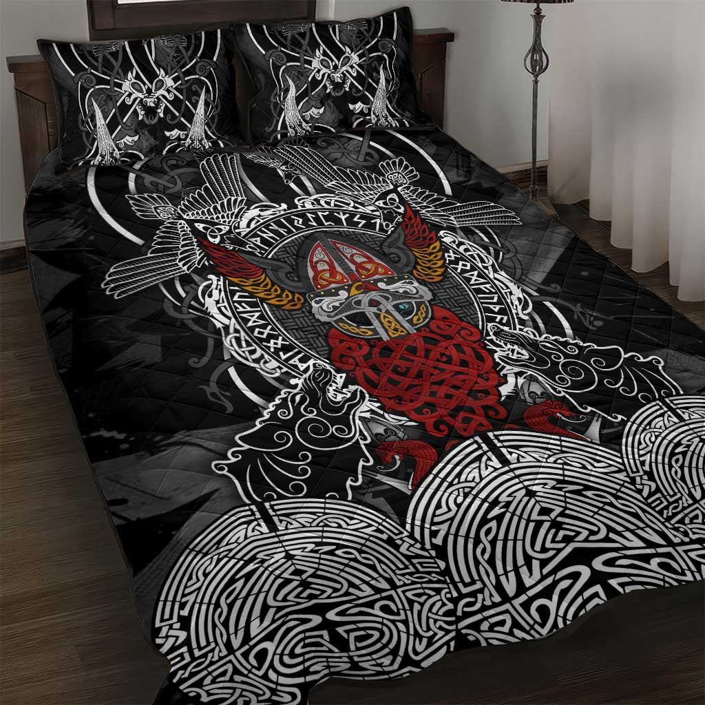 Viking Berserker and Valknut Norse Mythology Quilt Bed Set Red and Black Celtic Knotwork Art