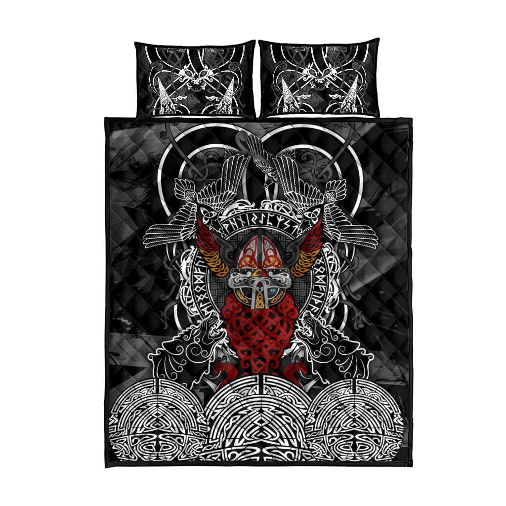 Viking Berserker and Valknut Norse Mythology Quilt Bed Set Red and Black Celtic Knotwork Art