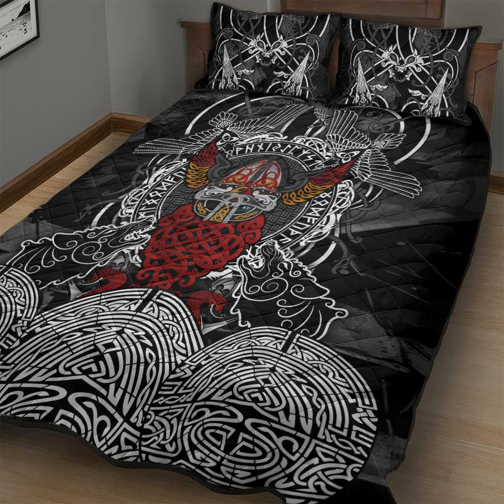 Viking Berserker and Valknut Norse Mythology Quilt Bed Set Red and Black Celtic Knotwork Art