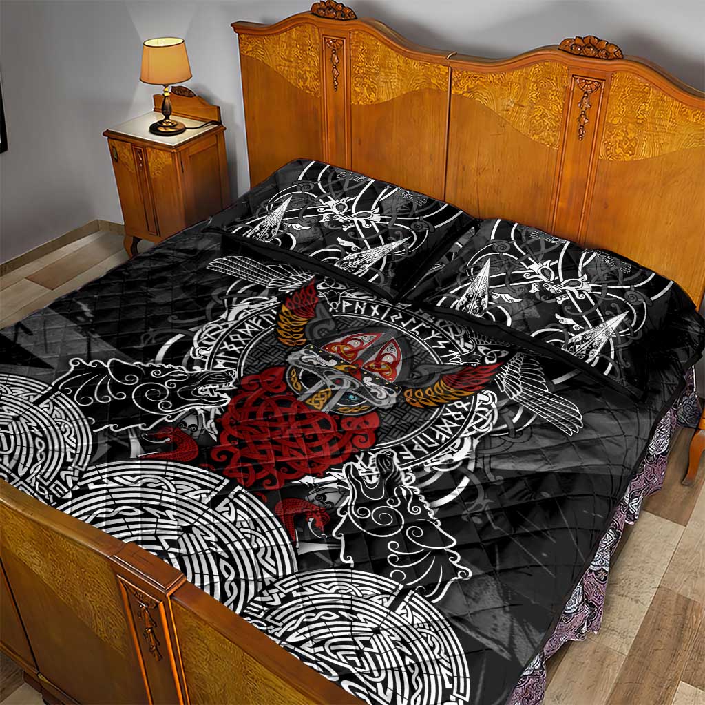 Viking Berserker and Valknut Norse Mythology Quilt Bed Set Red and Black Celtic Knotwork Art