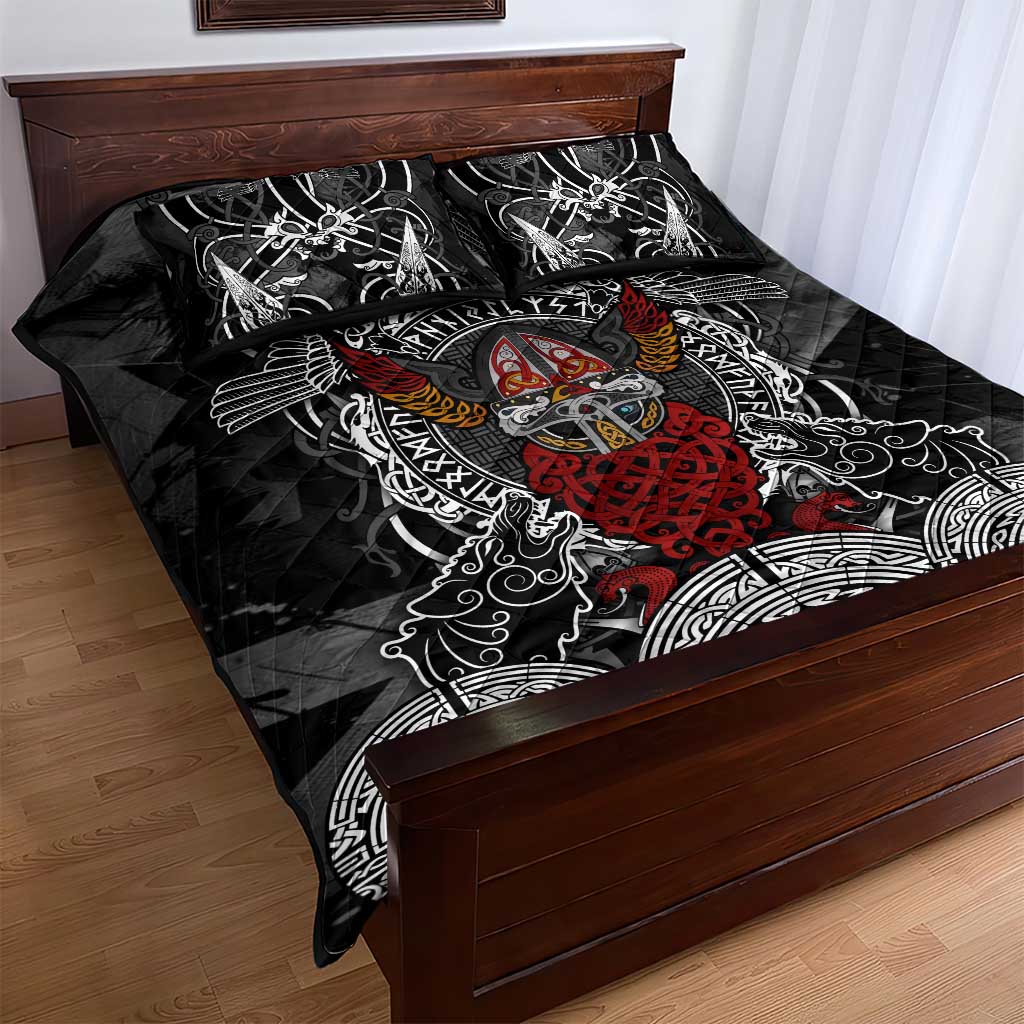 Viking Berserker and Valknut Norse Mythology Quilt Bed Set Red and Black Celtic Knotwork Art