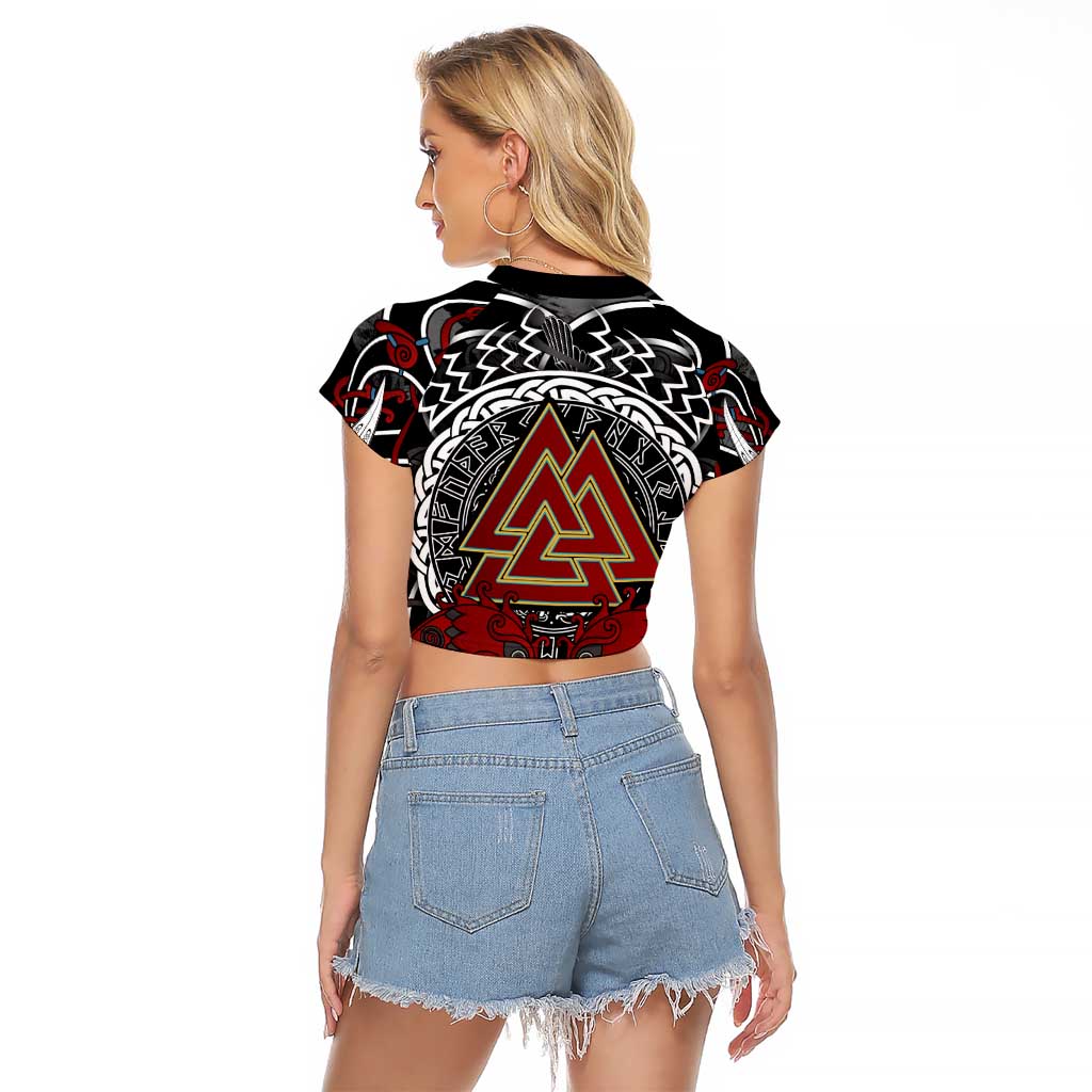 Viking Berserker and Valknut Norse Mythology Raglan Cropped T Shirt Red and Black Celtic Knotwork Art