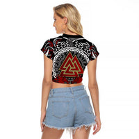 Viking Berserker and Valknut Norse Mythology Raglan Cropped T Shirt Red and Black Celtic Knotwork Art