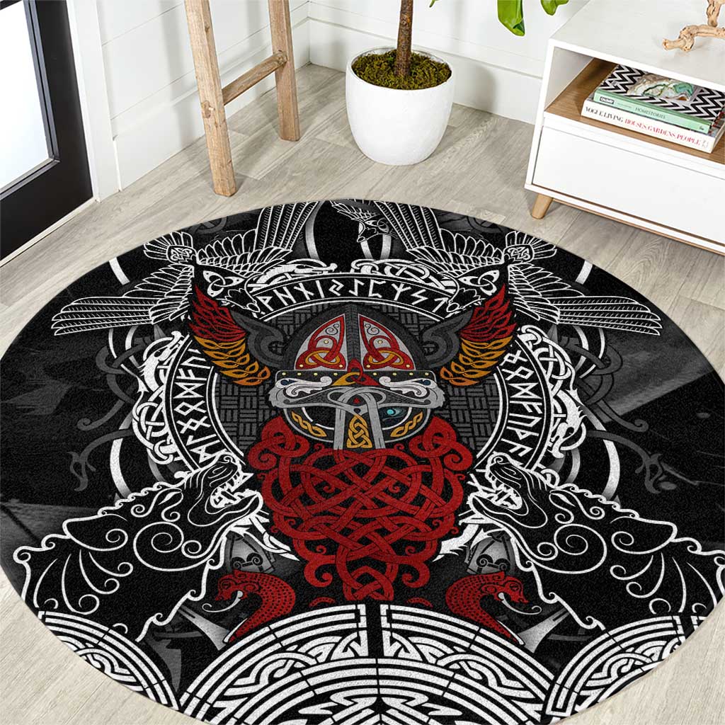 Viking Berserker and Valknut Norse Mythology Round Carpet Red and Black Celtic Knotwork Art