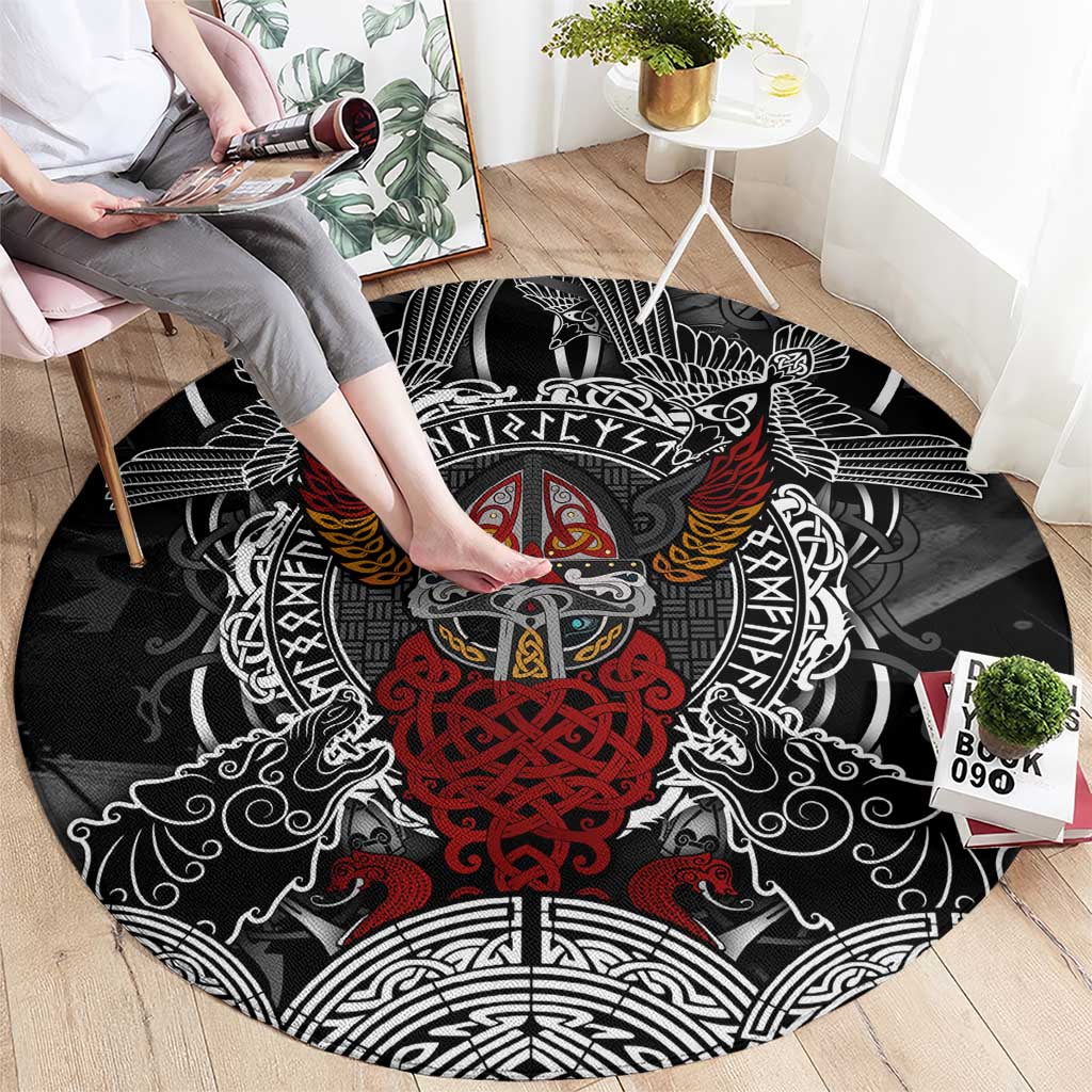 Viking Berserker and Valknut Norse Mythology Round Carpet Red and Black Celtic Knotwork Art