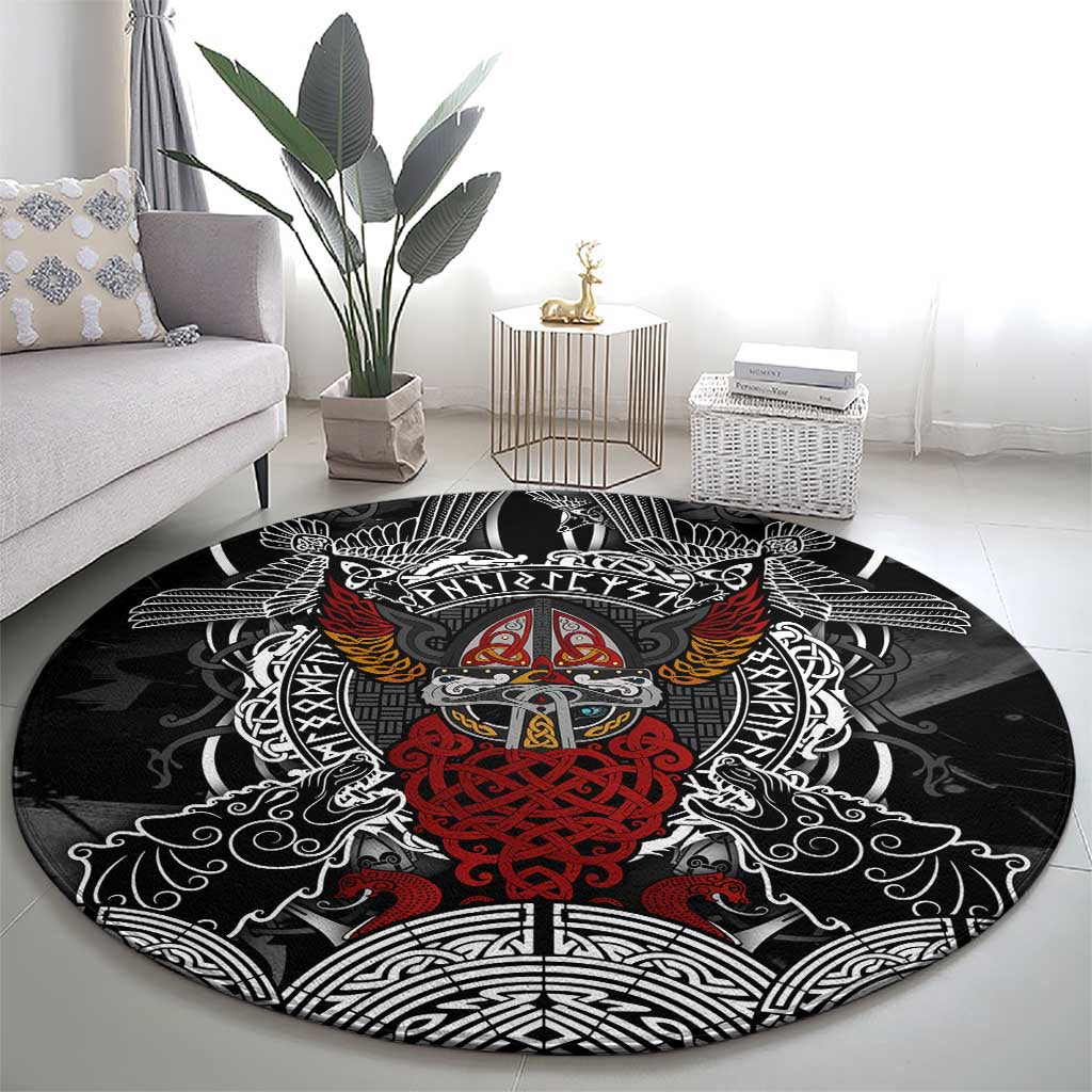 Viking Berserker and Valknut Norse Mythology Round Carpet Red and Black Celtic Knotwork Art
