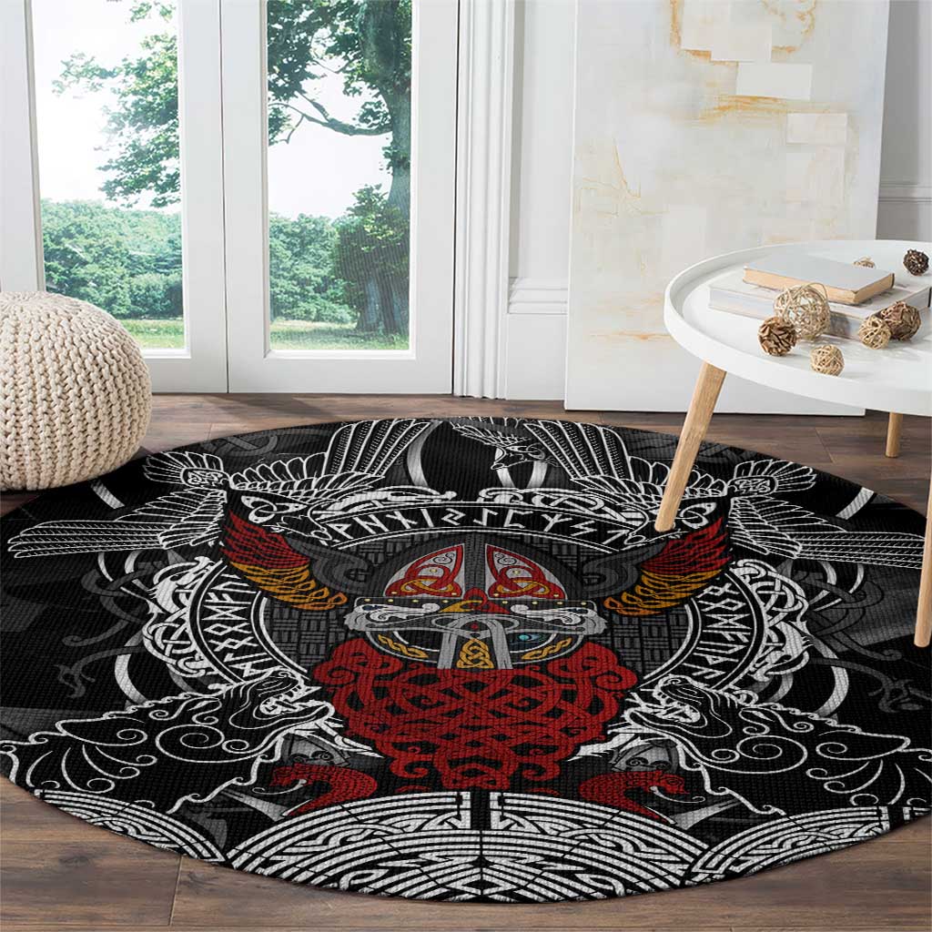Viking Berserker and Valknut Norse Mythology Round Carpet Red and Black Celtic Knotwork Art