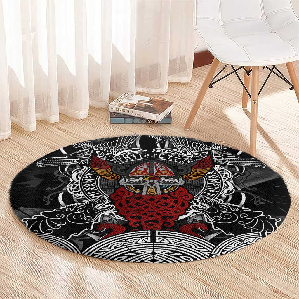 Viking Berserker and Valknut Norse Mythology Round Carpet Red and Black Celtic Knotwork Art