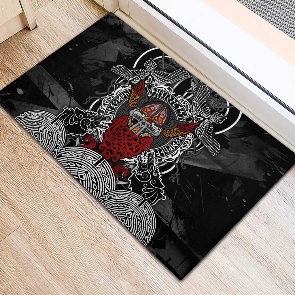Viking Berserker and Valknut Norse Mythology Rubber Doormat Red and Black Celtic Knotwork Art