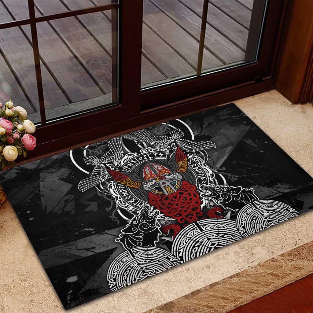 Viking Berserker and Valknut Norse Mythology Rubber Doormat Red and Black Celtic Knotwork Art