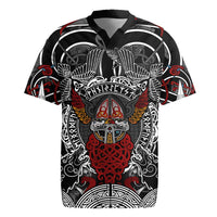 Viking Berserker and Valknut Norse Mythology Rugby Jersey Red and Black Celtic Knotwork Art