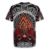 Viking Berserker and Valknut Norse Mythology Rugby Jersey Red and Black Celtic Knotwork Art