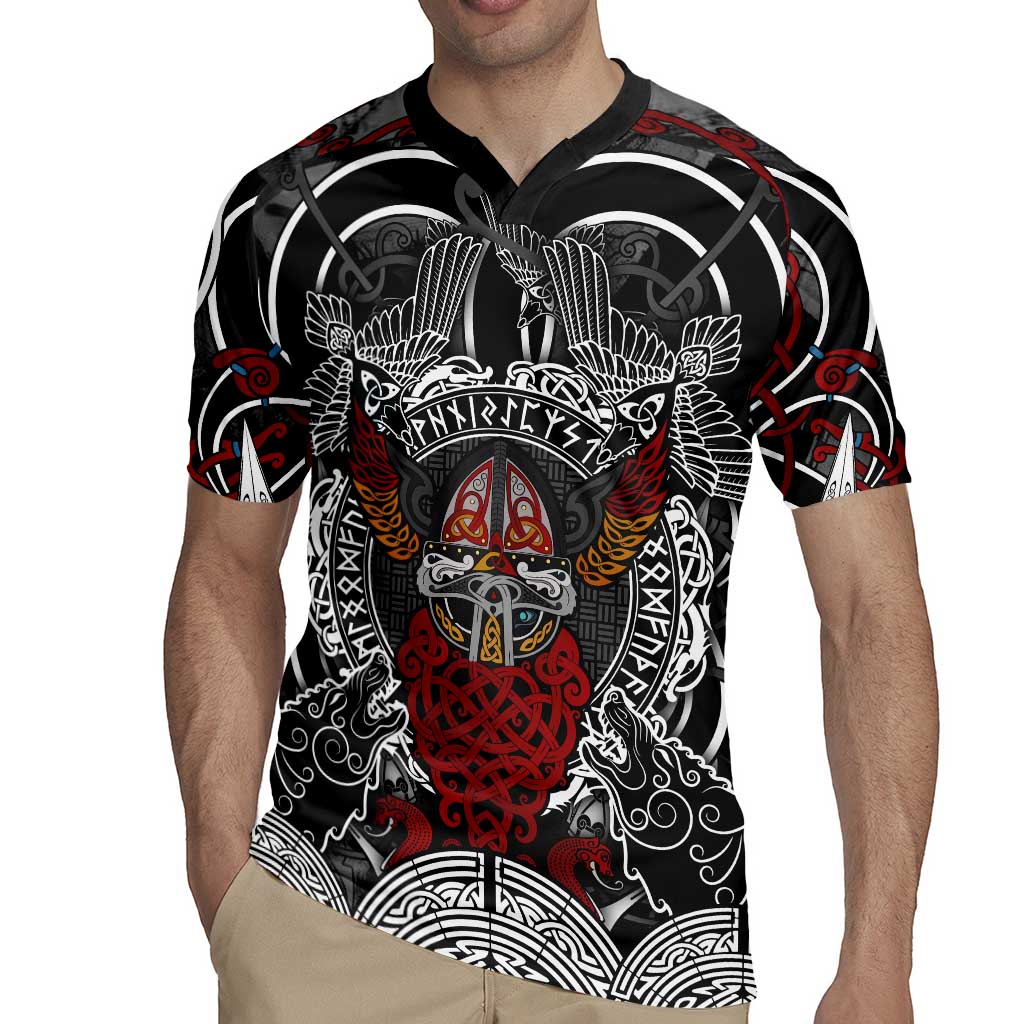 Viking Berserker and Valknut Norse Mythology Rugby Jersey Red and Black Celtic Knotwork Art