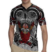 Viking Berserker and Valknut Norse Mythology Rugby Jersey Red and Black Celtic Knotwork Art