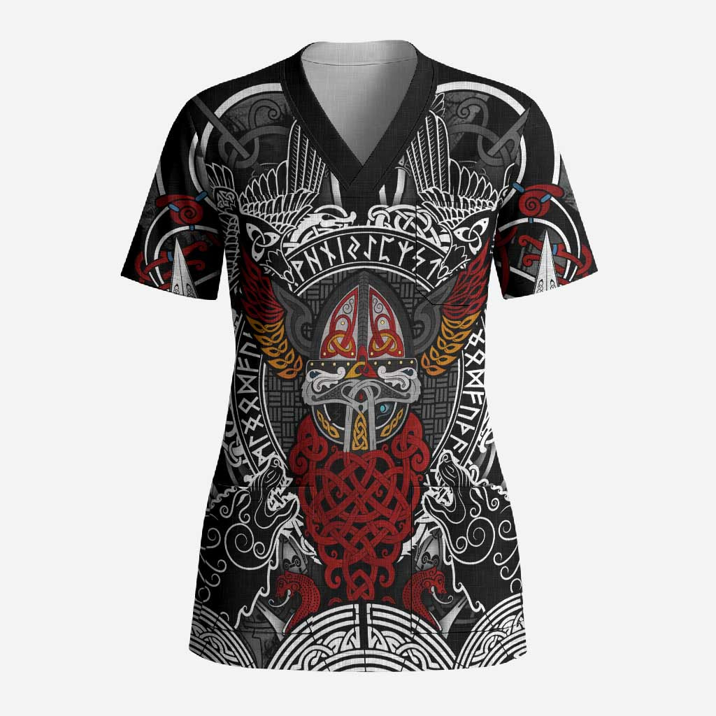 Viking Berserker and Valknut Norse Mythology Scrub Top Red and Black Celtic Knotwork Art