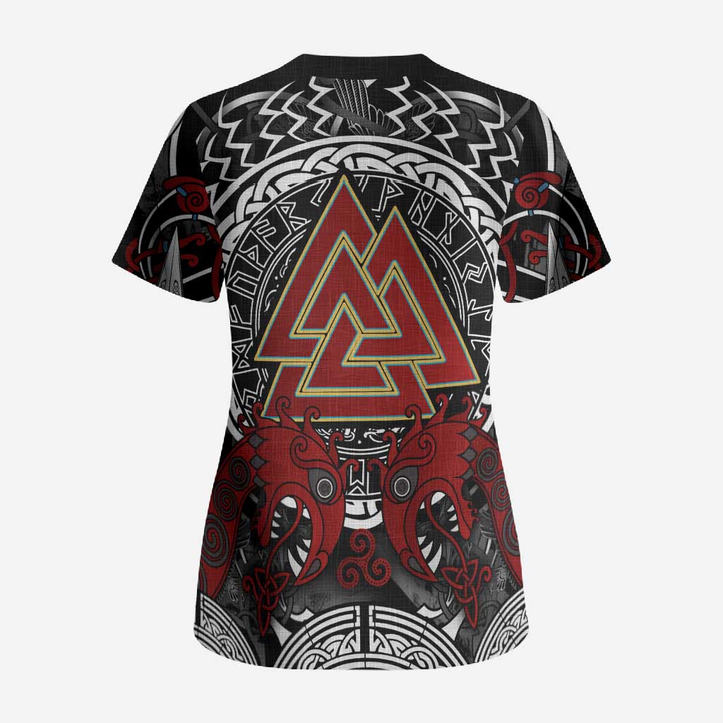 Viking Berserker and Valknut Norse Mythology Scrub Top Red and Black Celtic Knotwork Art