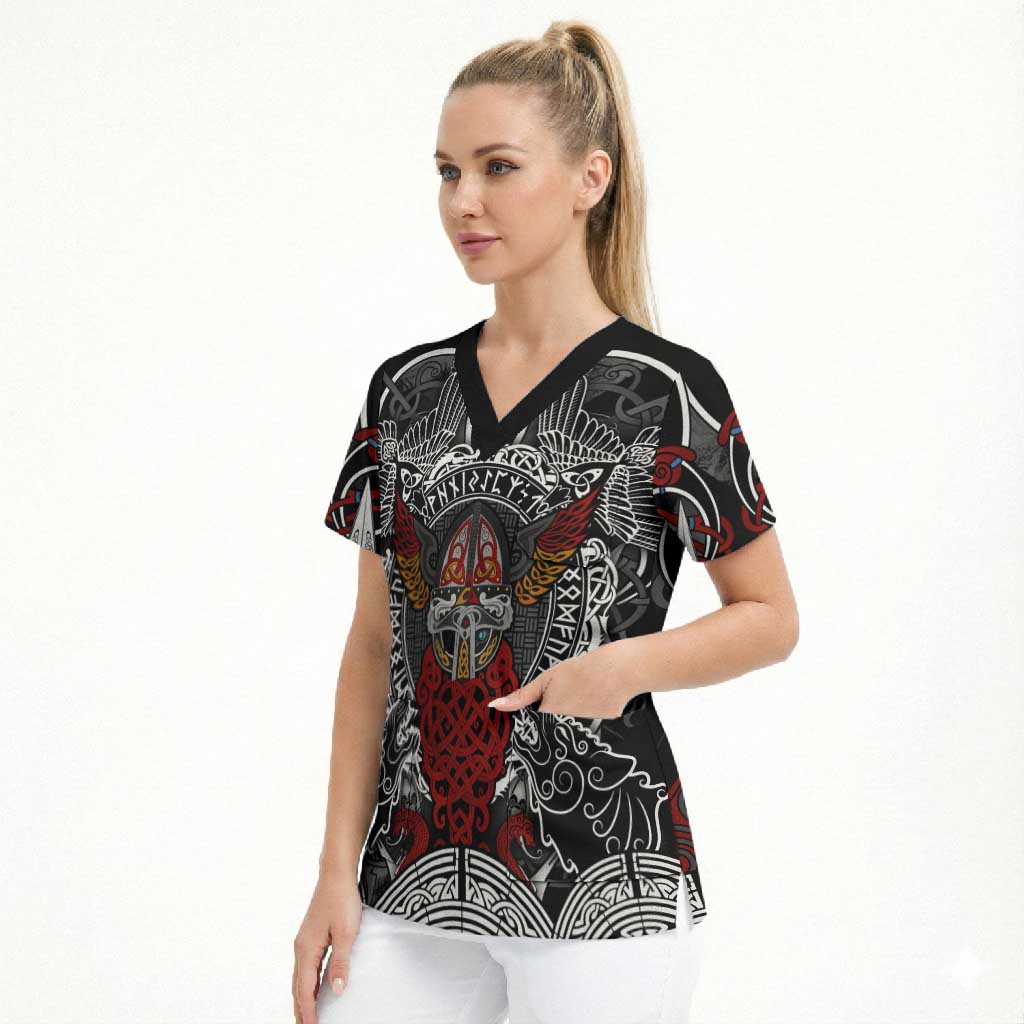 Viking Berserker and Valknut Norse Mythology Scrub Top Red and Black Celtic Knotwork Art