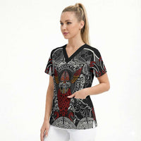 Viking Berserker and Valknut Norse Mythology Scrub Top Red and Black Celtic Knotwork Art