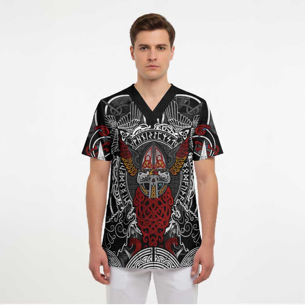 Viking Berserker and Valknut Norse Mythology Scrub Top Red and Black Celtic Knotwork Art