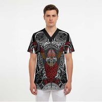 Viking Berserker and Valknut Norse Mythology Scrub Top Red and Black Celtic Knotwork Art