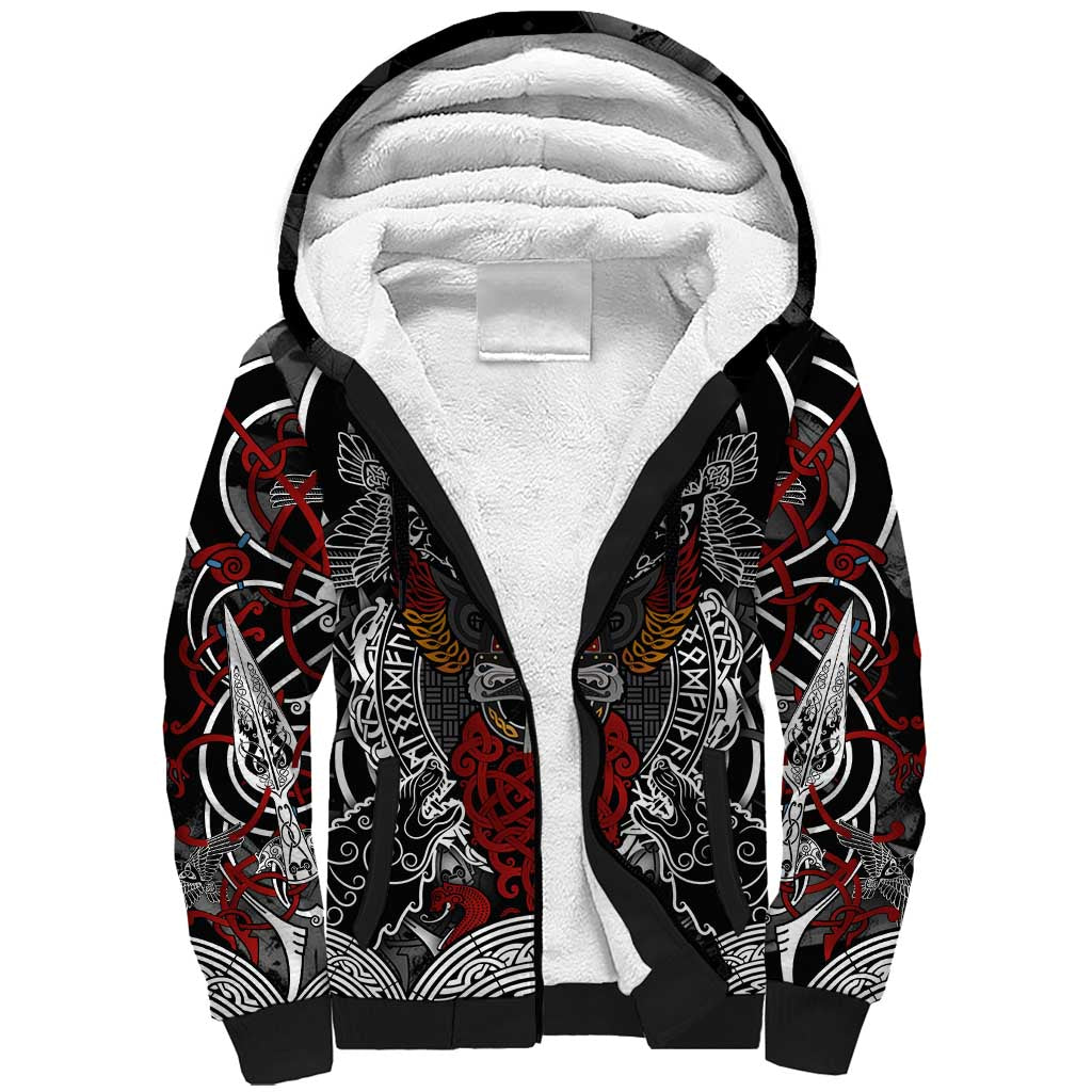 Viking Berserker and Valknut Norse Mythology Sherpa Hoodie Red and Black Celtic Knotwork Art