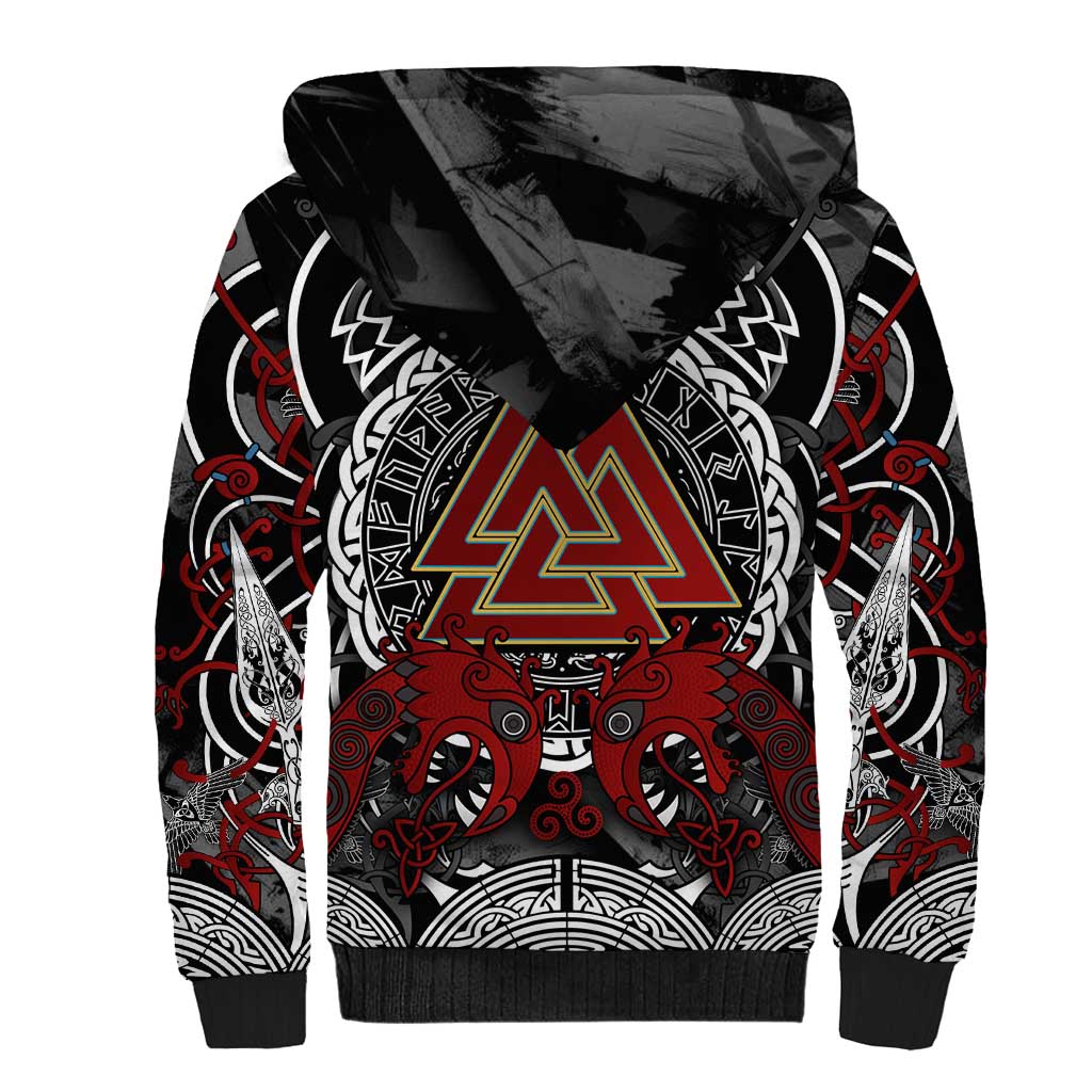 Viking Berserker and Valknut Norse Mythology Sherpa Hoodie Red and Black Celtic Knotwork Art