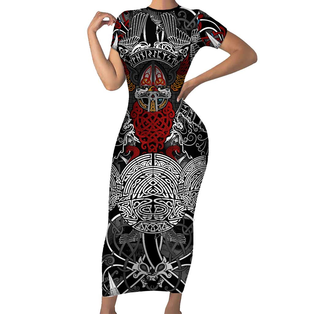 Viking Berserker and Valknut Norse Mythology Short Sleeve Bodycon Dress Red and Black Celtic Knotwork Art