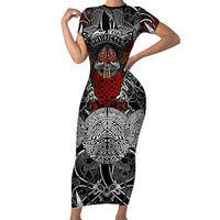 Viking Berserker and Valknut Norse Mythology Short Sleeve Bodycon Dress Red and Black Celtic Knotwork Art