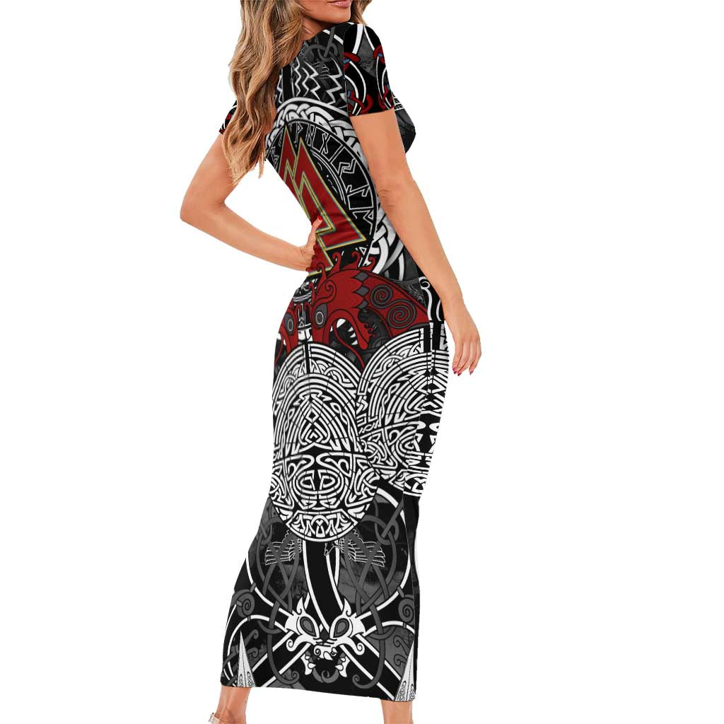 Viking Berserker and Valknut Norse Mythology Short Sleeve Bodycon Dress Red and Black Celtic Knotwork Art