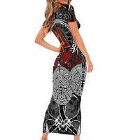 Viking Berserker and Valknut Norse Mythology Short Sleeve Bodycon Dress Red and Black Celtic Knotwork Art
