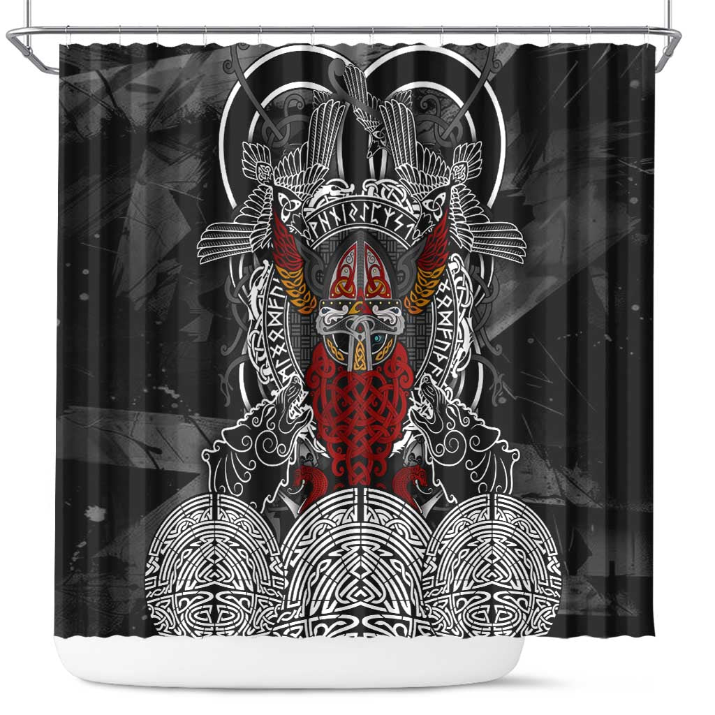 Viking Berserker and Valknut Norse Mythology Shower Curtain Red and Black Celtic Knotwork Art