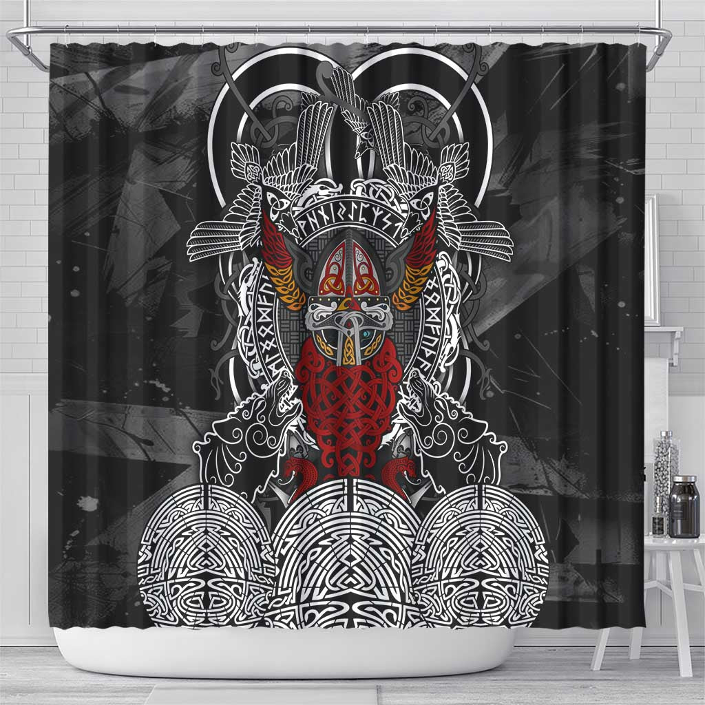 Viking Berserker and Valknut Norse Mythology Shower Curtain Red and Black Celtic Knotwork Art