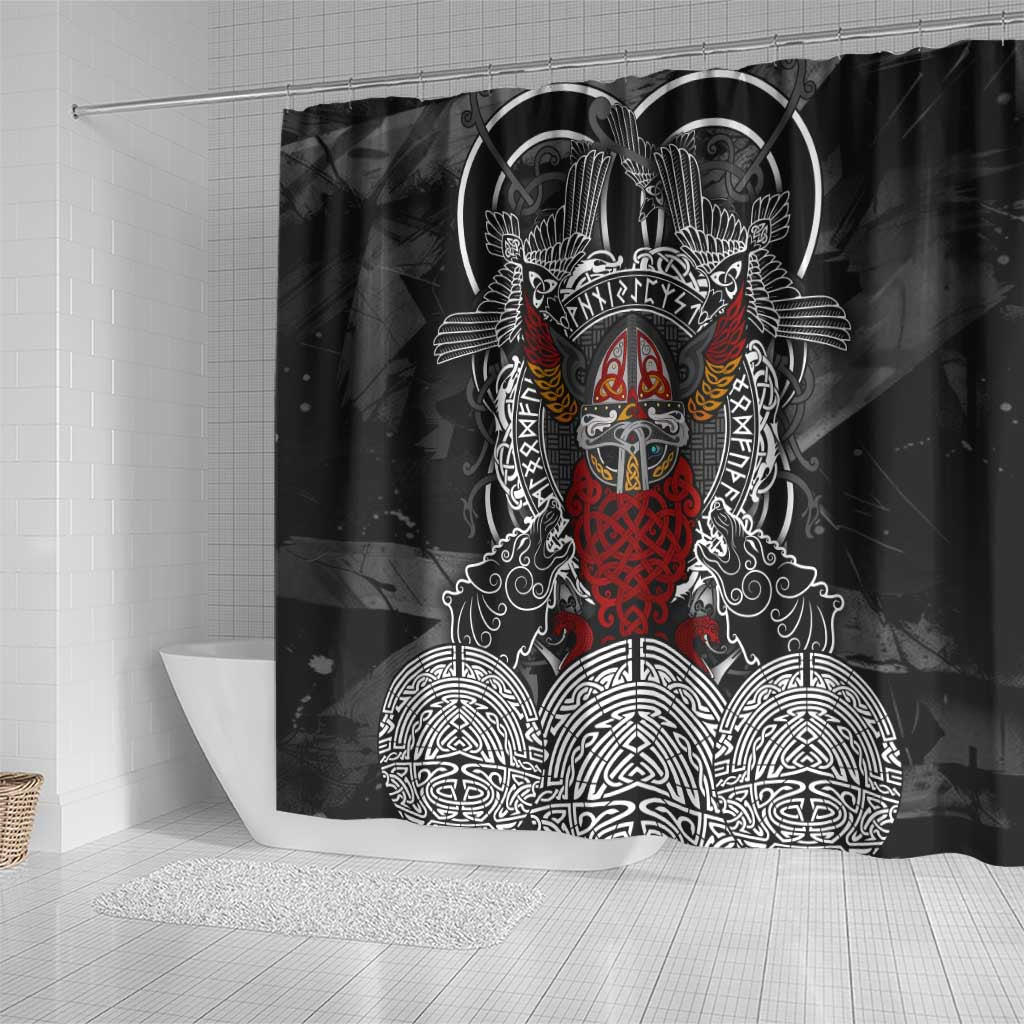 Viking Berserker and Valknut Norse Mythology Shower Curtain Red and Black Celtic Knotwork Art
