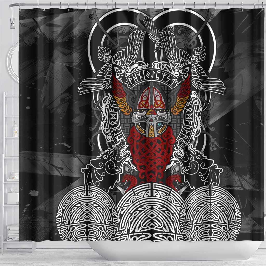 Viking Berserker and Valknut Norse Mythology Shower Curtain Red and Black Celtic Knotwork Art