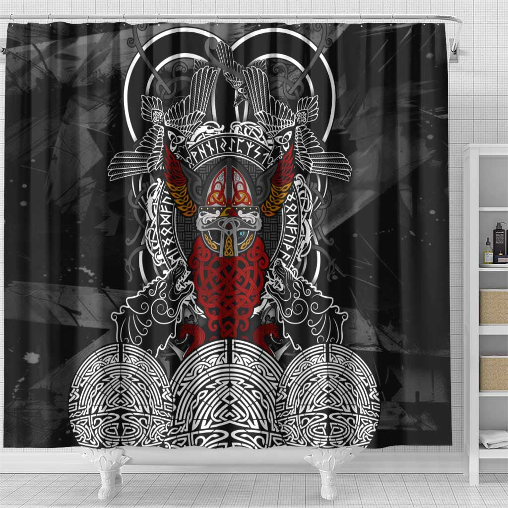 Viking Berserker and Valknut Norse Mythology Shower Curtain Red and Black Celtic Knotwork Art