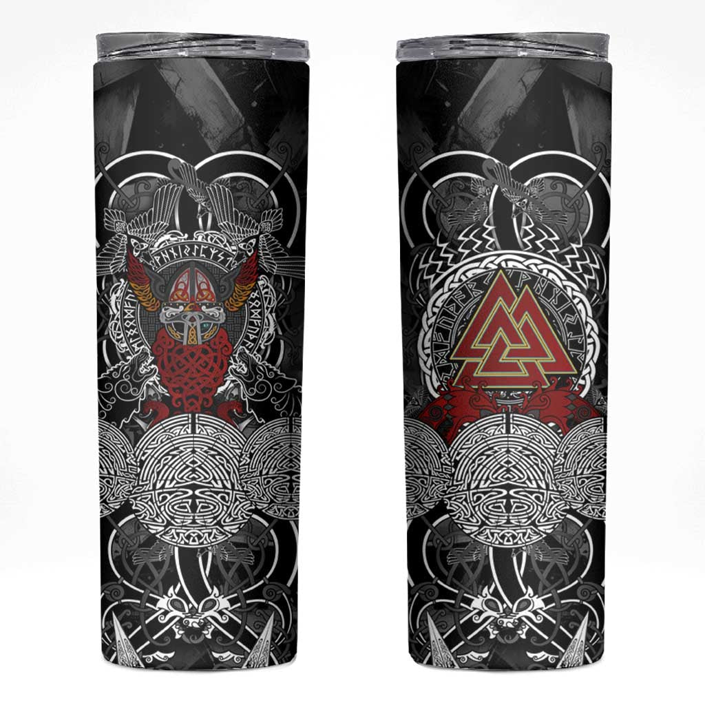 Viking Berserker and Valknut Norse Mythology Skinny Tumbler Red and Black Celtic Knotwork Art