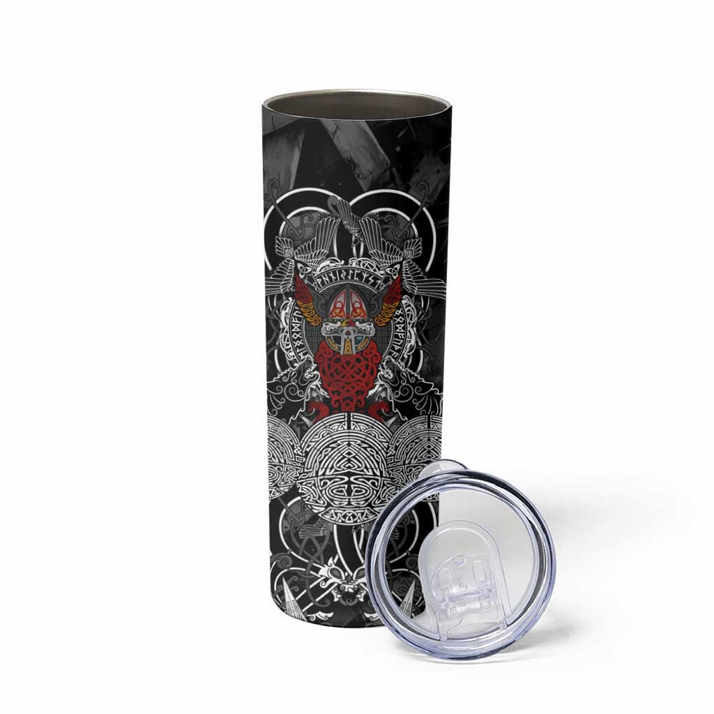 Viking Berserker and Valknut Norse Mythology Skinny Tumbler Red and Black Celtic Knotwork Art