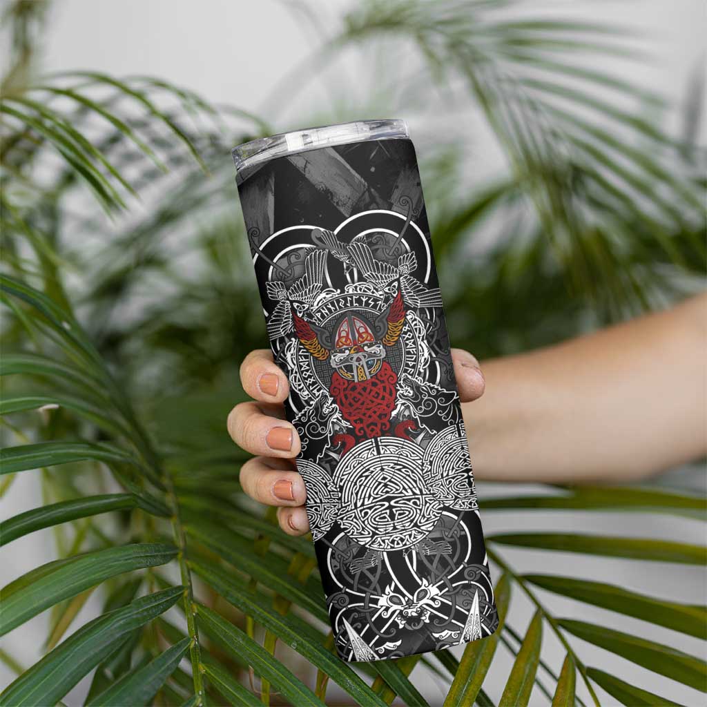 Viking Berserker and Valknut Norse Mythology Skinny Tumbler Red and Black Celtic Knotwork Art
