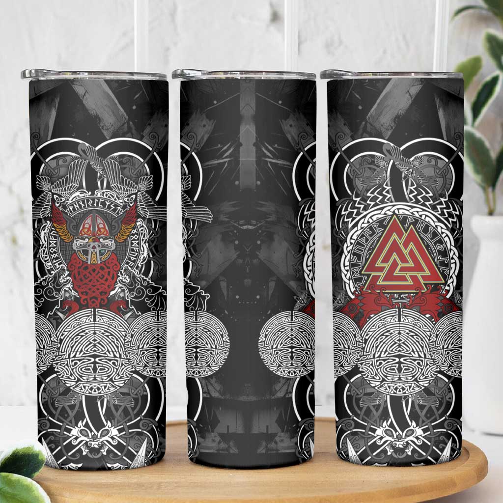 Viking Berserker and Valknut Norse Mythology Skinny Tumbler Red and Black Celtic Knotwork Art
