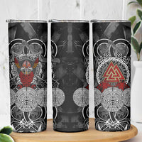 Viking Berserker and Valknut Norse Mythology Skinny Tumbler Red and Black Celtic Knotwork Art