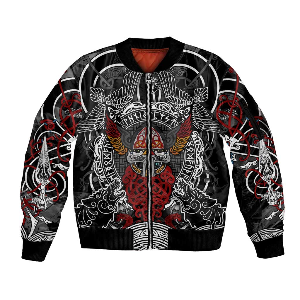 Viking Berserker and Valknut Norse Mythology Sleeve Zip Bomber Jacket Red and Black Celtic Knotwork Art