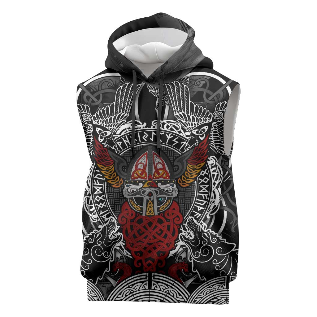 Viking Berserker and Valknut Norse Mythology Sleeveless Hoodie Red and Black Celtic Knotwork Art