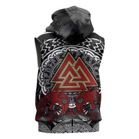 Viking Berserker and Valknut Norse Mythology Sleeveless Hoodie Red and Black Celtic Knotwork Art
