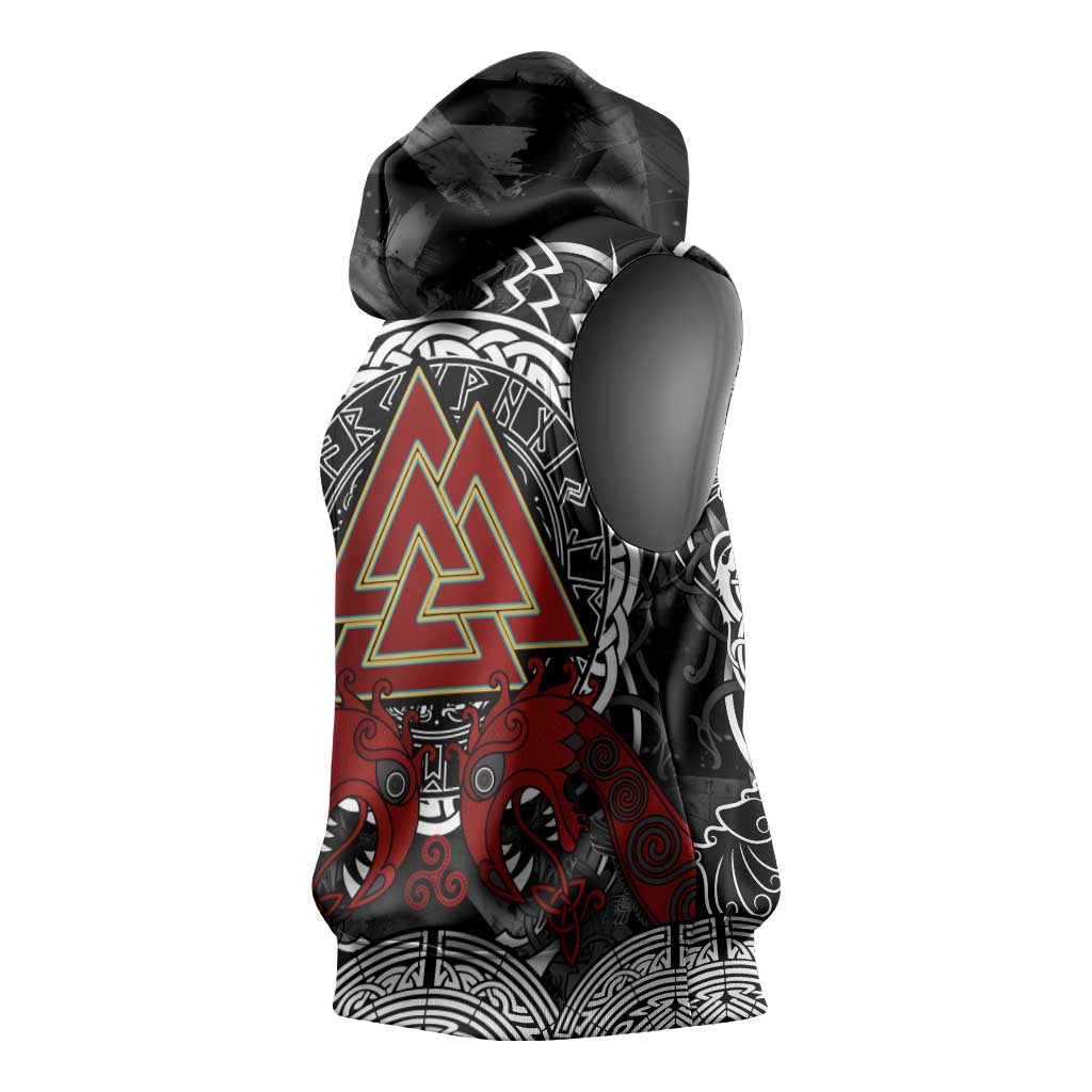 Viking Berserker and Valknut Norse Mythology Sleeveless Hoodie Red and Black Celtic Knotwork Art